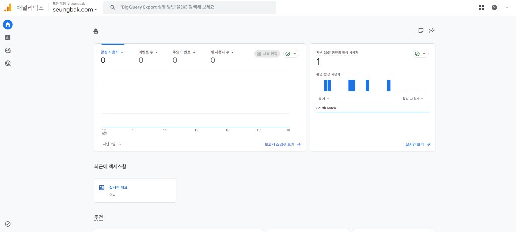 Google Analytics 4 홈 대시보드 - 지난 7일 0에서 오늘 첫 방문자 1명