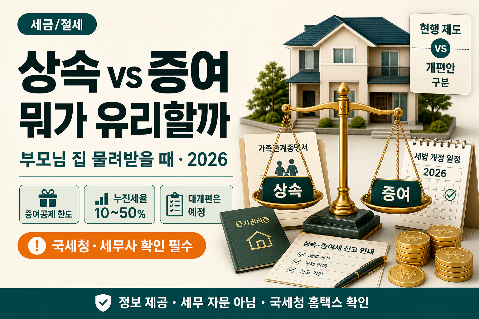 부모님 집 물려받을 때 세금 얼마? 상속 vs 증여 뭐가 유리할까 (2026 최신)