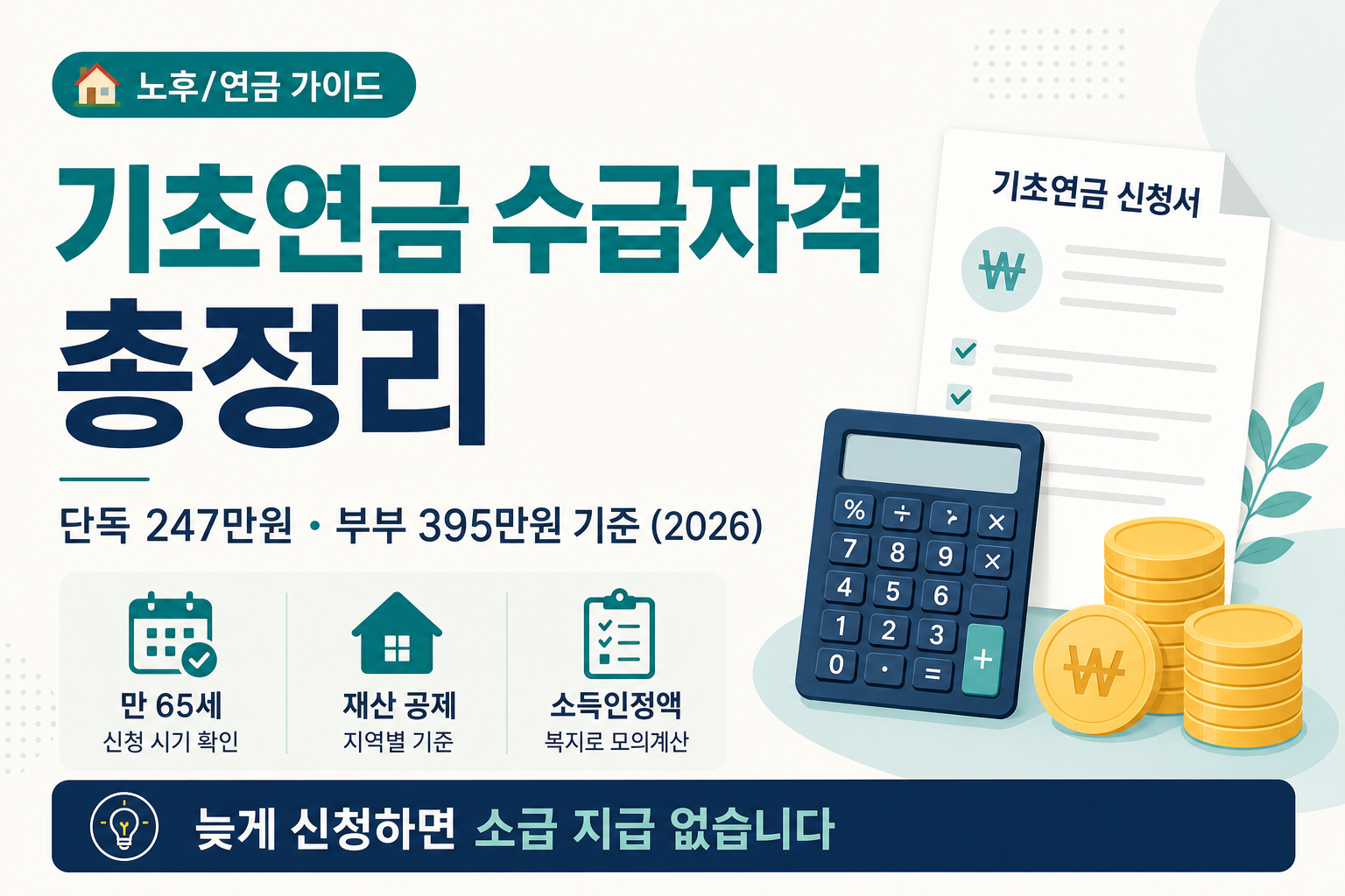 기초연금 수급자격 총정리 — 단독 247만원·부부 395만원 기준 (2026)