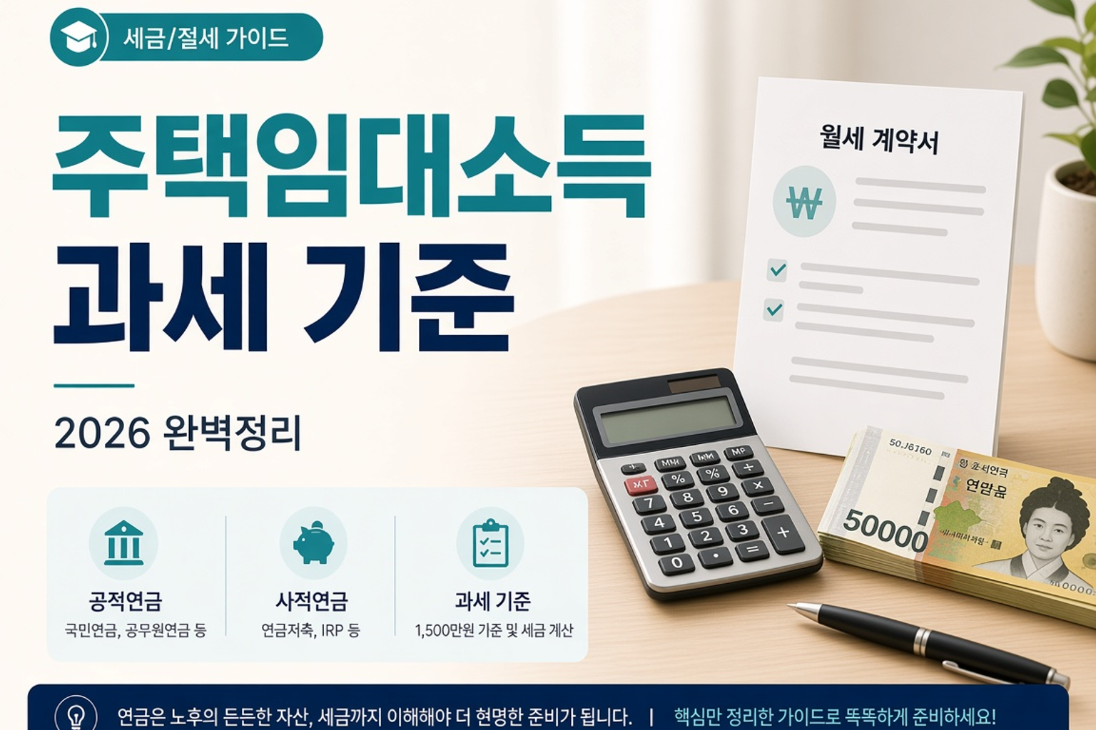 월세 계약서와 계산기를 놓고 임대소득 세금을 계산하는 모습