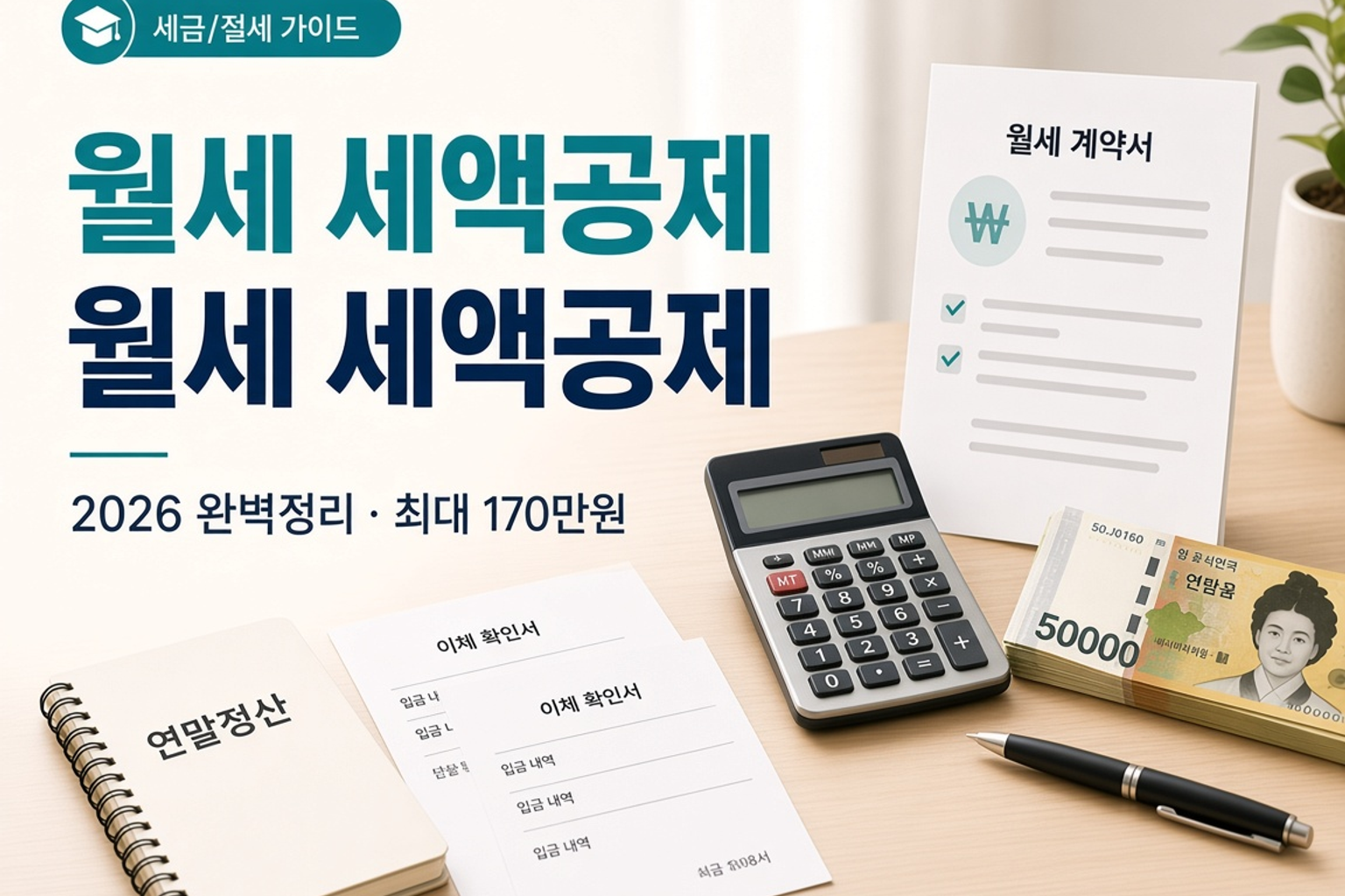 월세 계약서와 통장 이체내역을 보며 연말정산을 준비하는 모습